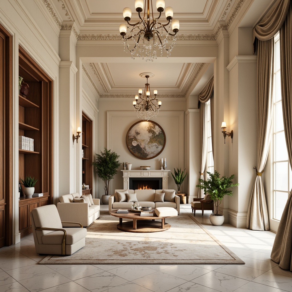 Prompt: \Elegant neoclassical interior, soft cream walls, rich walnut wood accents, ornate gold leaf detailing, velvet upholstery, subtle marble patterns, classic pilasters, symmetrical compositions, warm beige tones, luxurious silk fabrics, refined crystal chandeliers, sophisticated neutral backgrounds, dramatic curtain draping, ornamental ceiling moldings, stately columns, subtle texture contrasts, softbox lighting, shallow depth of field, 2/3 composition, realistic material renderings.\