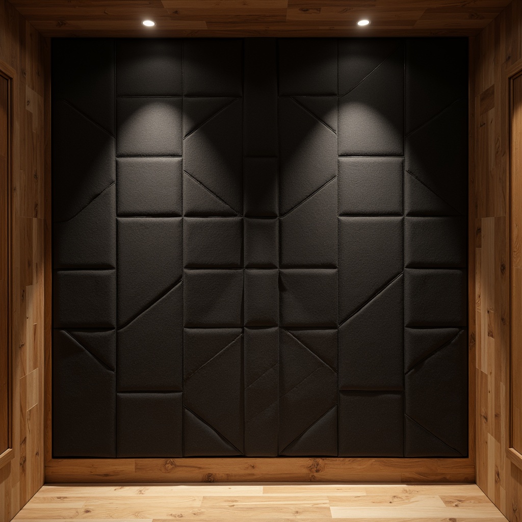 Prompt: Soundproof recording studio, dark wood panels, premium fabric wrapping, diagonal stitching, subtle LED lighting, sleek metal frames, modern minimalist design, rectangular shape, wall-mounted installation, sound-absorbing materials, reduced echo and reverberation, improved vocal clarity, enhanced instrumental definition, warm ambiance, soft boxy tone, 1/2 composition, shallow depth of field, realistic textures.