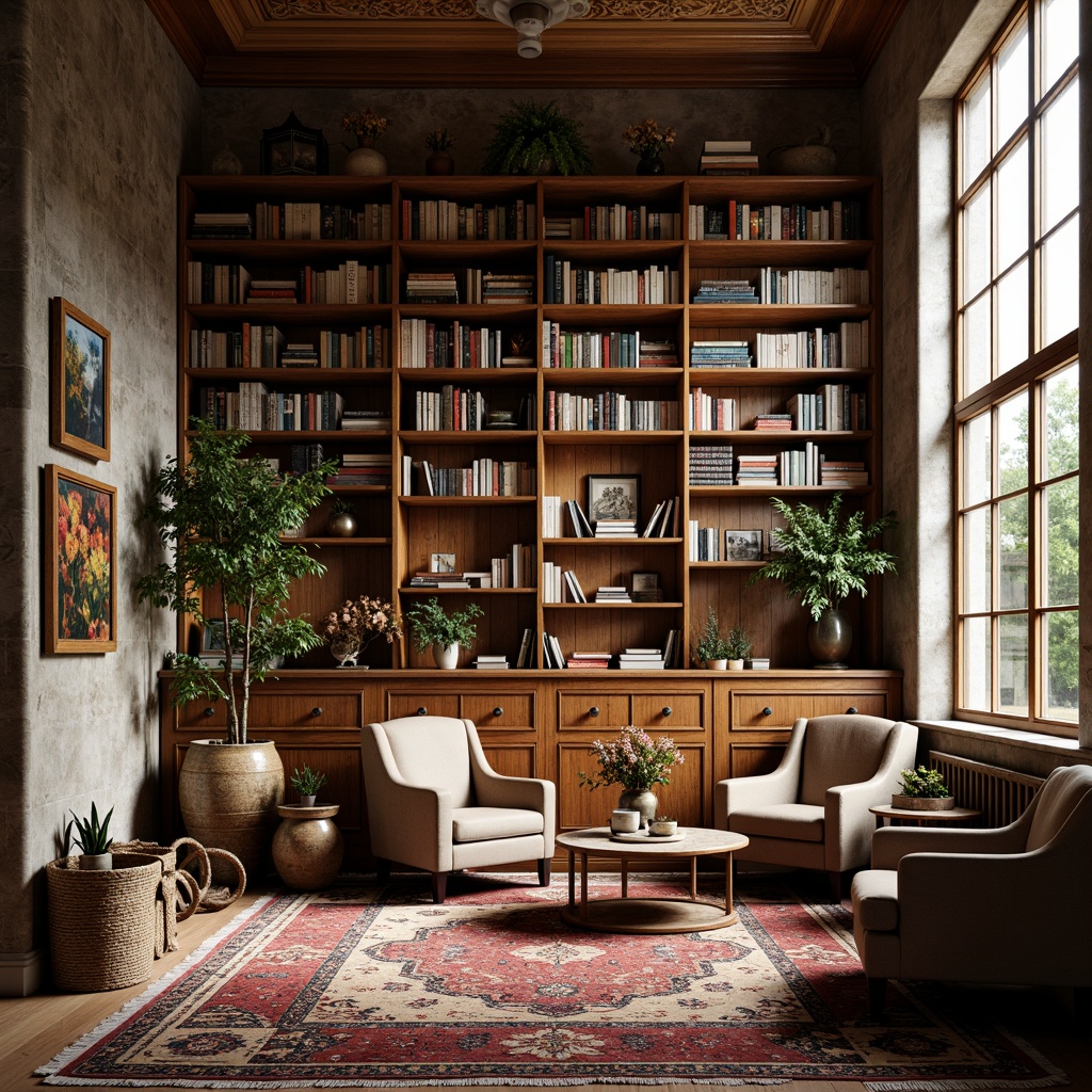 Prompt: Warm-toned wooden shelves, ornate metalwork, distressed finishes, eclectic book collections, vintage leather-bound tomes, plush armchairs, richly patterned rugs, soft warm lighting, cozy reading nooks, large windows, natural stone walls, rustic wooden beams, earthy color palette, organic textures, ambient occlusion, 1/2 composition, shallow depth of field.