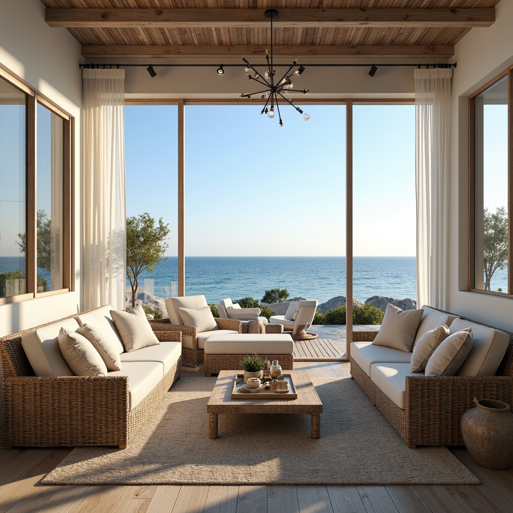 Prompt: Coastal living room, soft ocean breeze, calming blue hues, natural textures, woven rattan furniture, driftwood accents, linen upholstery, sheer white curtains, floor-to-ceiling windows, warm sunlight, gentle wave-inspired lighting, pendant lamps, rustic metal fixtures, nautical rope details, distressed wood flooring, sea salt-weathered walls, refreshing airy atmosphere, shallow depth of field, 1/1 composition, realistic reflections, ambient occlusion.