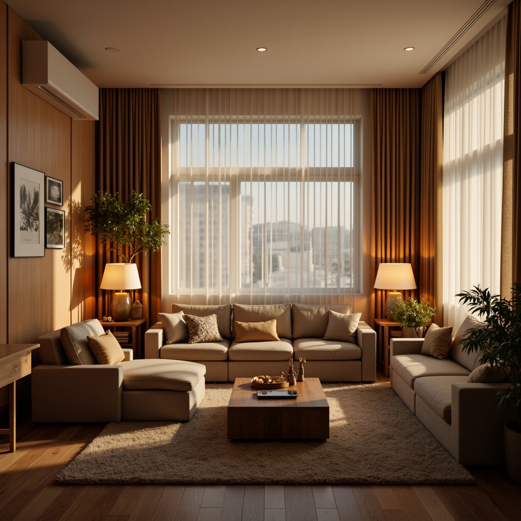 Prompt: Cozy living room, soft warm glow, table lamps, floor lamps, pendant lights, natural daylight, sheer curtains, light wood tones, plush carpets, comfortable seating, minimalist decor, functional task lighting, under-cabinet lights, LED strip lights, ambient illumination, 1/1 composition, shallow depth of field, realistic textures, warm color temperature, relaxing atmosphere.