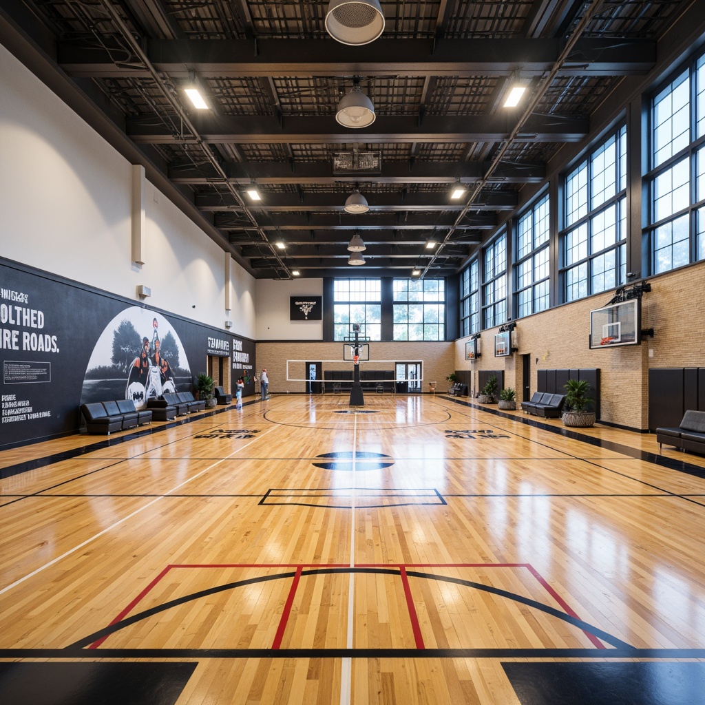 Prompt: Streamlined gymnasium interior, modern flooring solutions, sleek sports equipment, polished wooden surfaces, high-gloss finishes, minimalist design, open spaces, natural light pouring in, athletic tracks, basketball courts, volleyball nets, sports-themed murals, motivational quotes, bold color schemes, rubberized floors, textured mats, anti-slip coatings, durable materials, optimized drainage systems, low-maintenance surfaces, ergonomic seating areas, panoramic windows, abundant ventilation, softbox lighting, 1/2 composition, shallow depth of field.