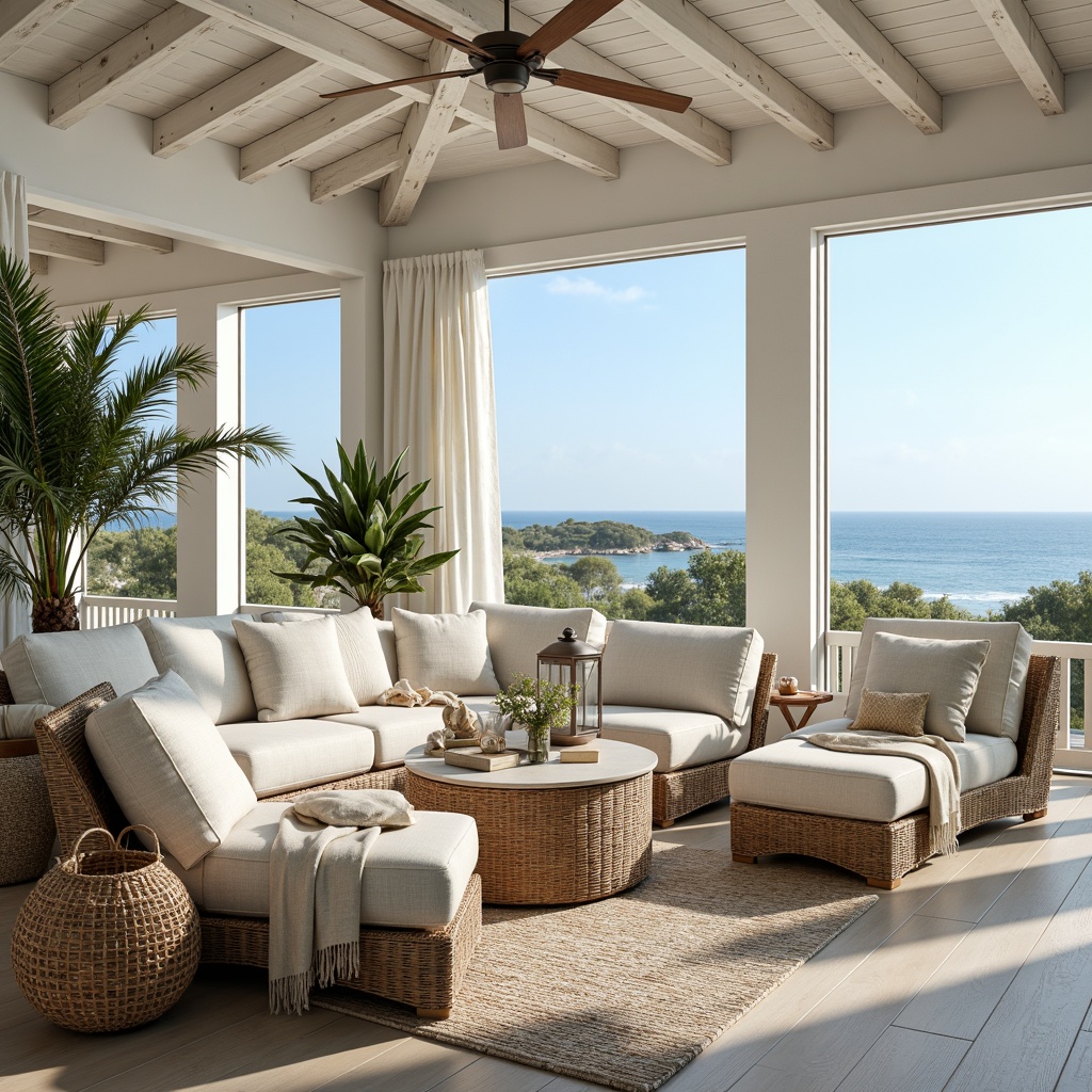 Prompt: Coastal cottage, driftwood furniture, ocean-inspired decor, natural fabrics, linen upholstery, woven sea grass baskets, coral-patterned rugs, shell-adorned accents, distressed wood finishes, beachy color palette, soft blue hues, crisp white tones, sandy neutrals, nautical rope details, pendant lanterns, glass vases, potted palms, tropical plants, ocean views, sunny day, natural light, airy atmosphere, relaxed vibe, 3/4 composition, shallow depth of field.