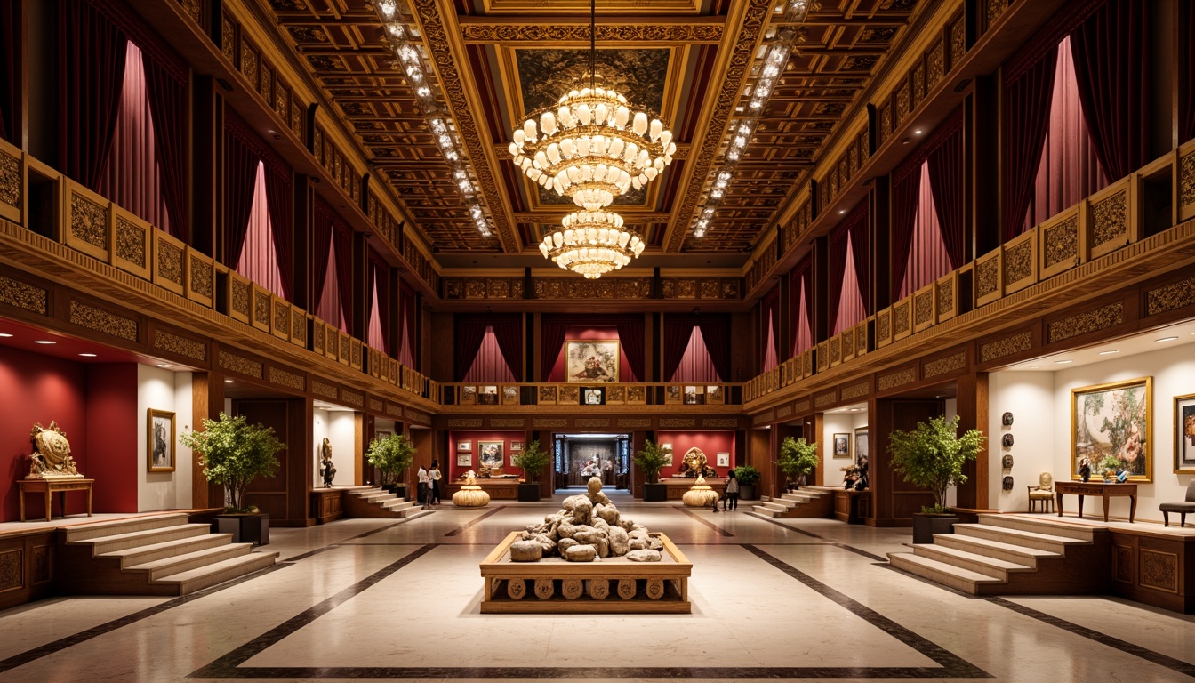 Prompt: Elegant exhibition hall, intricately carved wooden panels, ornate chandeliers, polished marble floors, grand staircases, luxurious velvet drapes, traditional Chinese lanterns, antique furniture displays, cultural artifact showcases, warm golden lighting, shallow depth of field, 1/1 composition, symmetrical framing, realistic textures, subtle ambient occlusion.