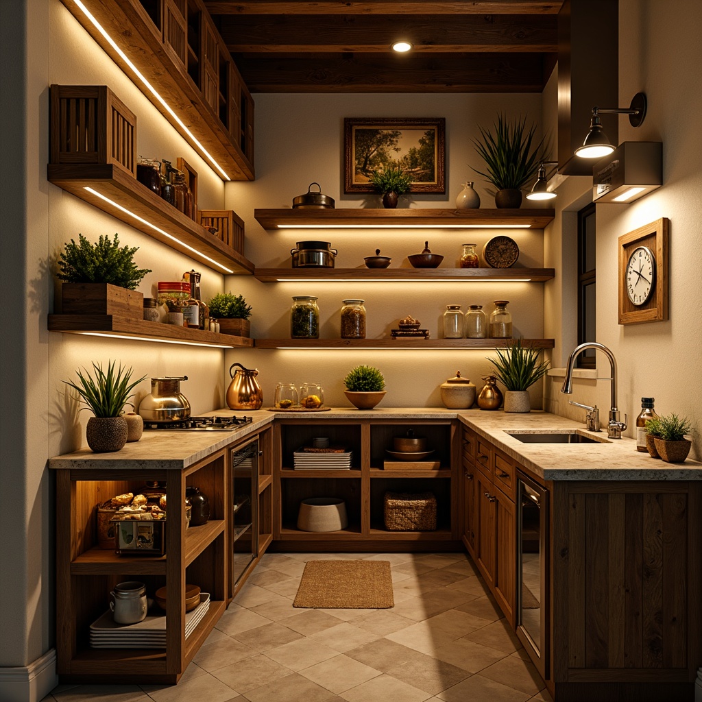 Prompt: Cozy pantry, warm ambient lighting, soft LED strips, under-cabinet illumination, glass shelves, metallic accents, rustic wooden crates, vintage apothecary jars, mason jars, earthy tone ceramics, natural stone countertops, warm beige walls, softbox diffusers, pendant lamps, chrome fixtures, adjustable arm lamps, task lighting, high-contrast shadows, dramatic highlights, 1/1 composition, shallow depth of field, realistic textures.