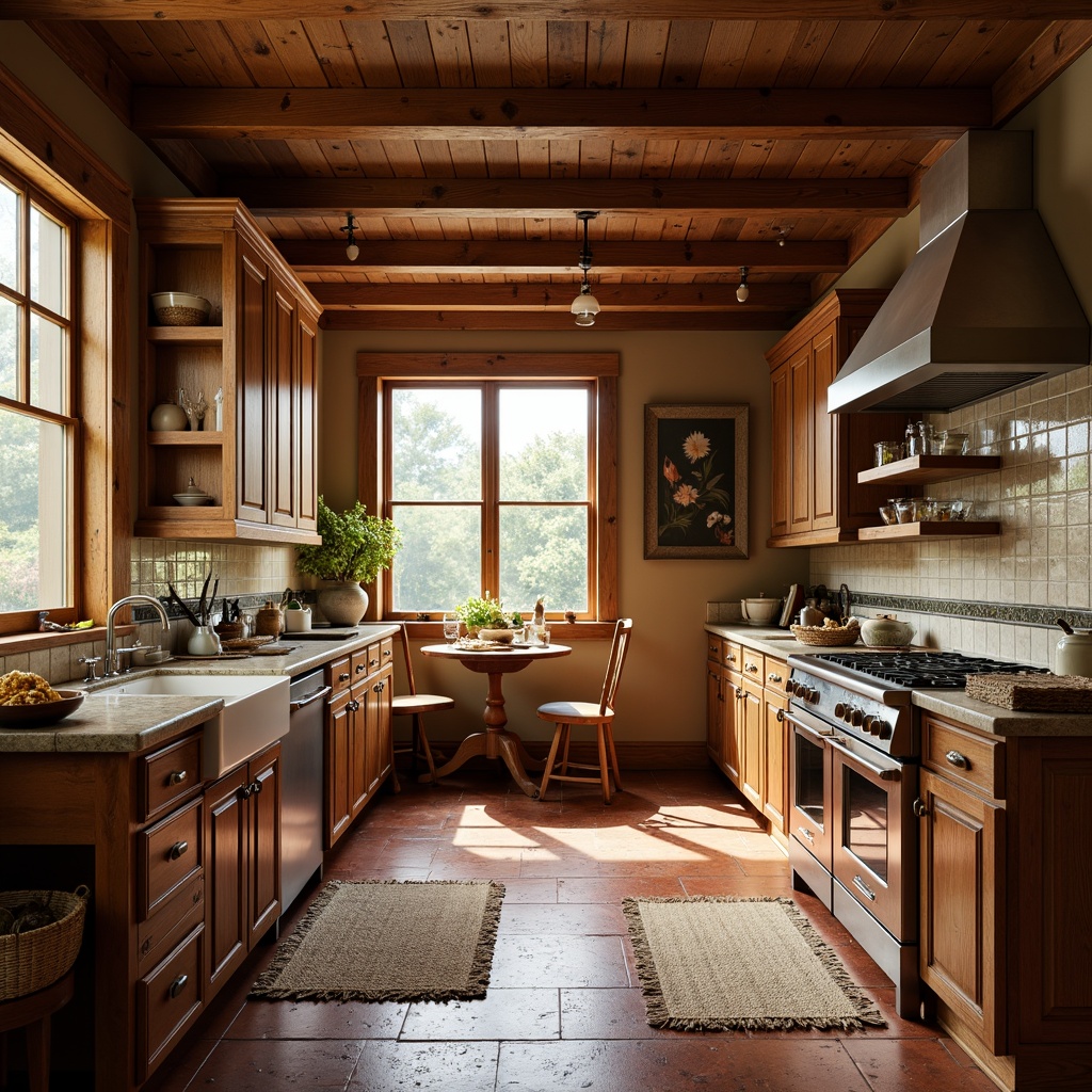 Prompt: Warm traditional kitchen, wooden cabinetry, earthy tones, ceramic backsplashes, stone countertops, brick red flooring, distressed wood planks, woven natural fiber rugs, soft warm lighting, rustic metal fixtures, farmhouse sink, vintage appliances, cozy breakfast nook, large windows, natural daylight, 3/4 composition, shallow depth of field.