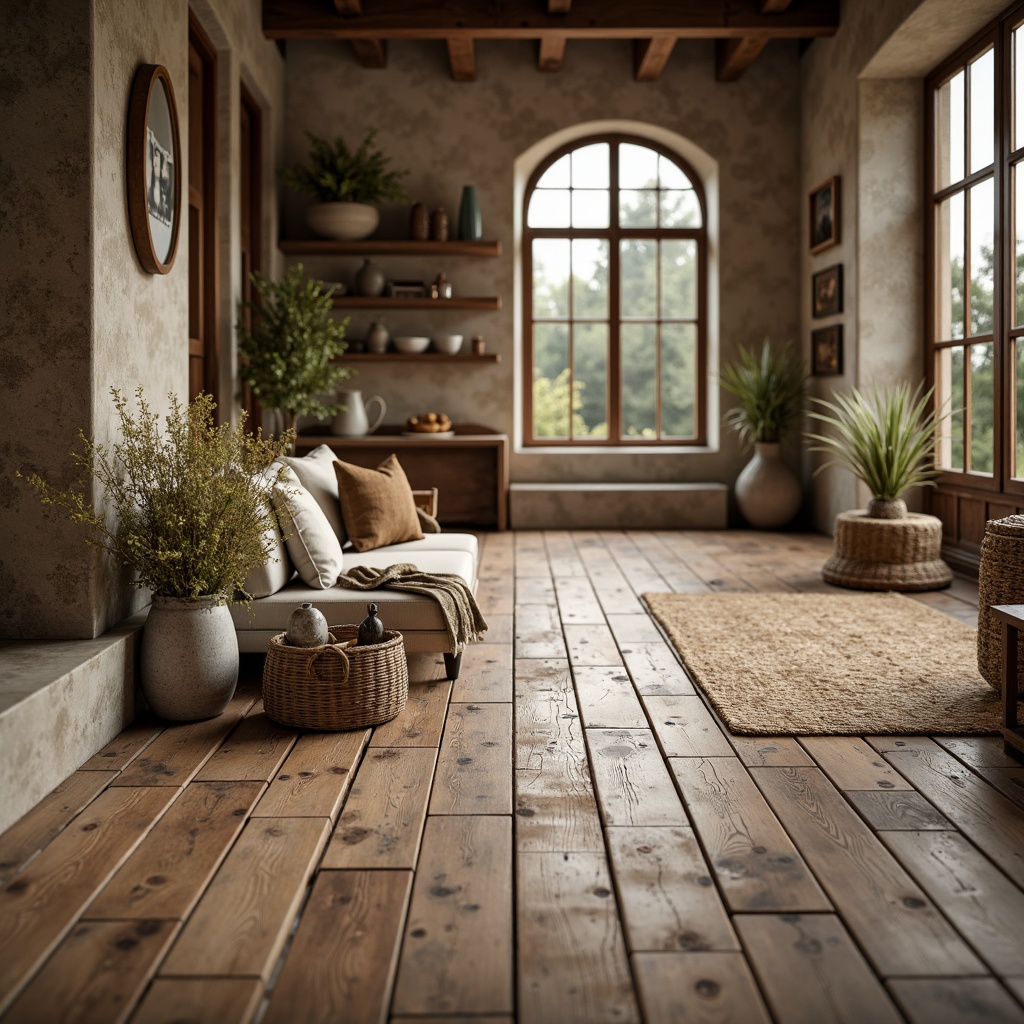 Prompt: Rustic wooden planks, distressed finishes, earthy tones, natural textures, reclaimed wood, herringbone patterns, wide plank flooring, worn edges, vintage charm, farmhouse aesthetic, cozy atmosphere, warm lighting, soft shadows, rough-hewn stone accents, woven jute rugs, nature-inspired color palette, organic feel, subtle sheen, 1/1 composition, shallow depth of field, realistic textures.