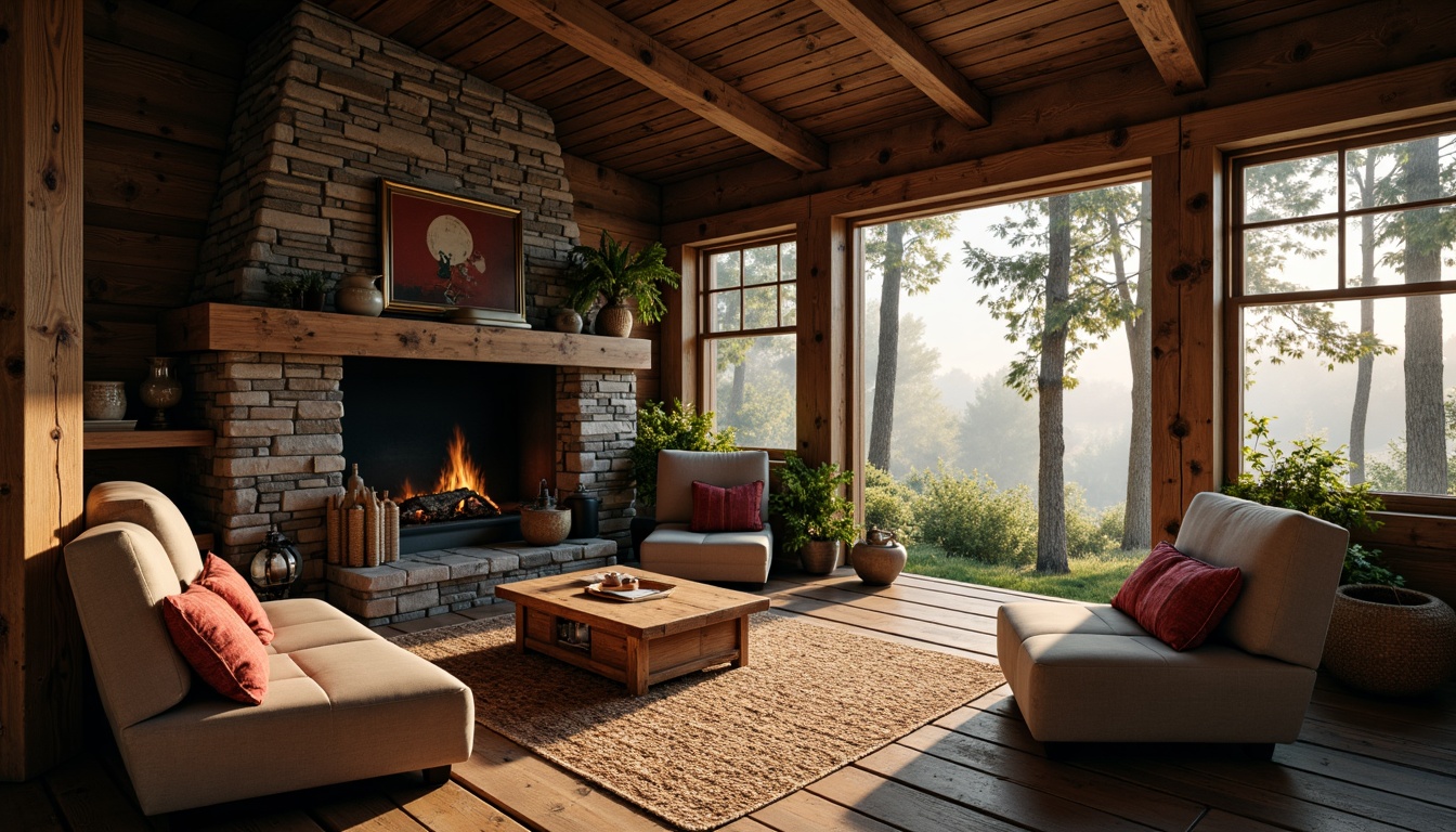 Prompt: Rustic wooden cabin, cozy interior, earthy color palette, natural stone fireplace, vintage furniture, woven textiles, distressed wood accents, warm lighting, soft shadows, shallow depth of field, 1/2 composition, realistic textures, ambient occlusion, serene forest surroundings, tall trees, misty morning, subtle sunlight filtering through leaves.