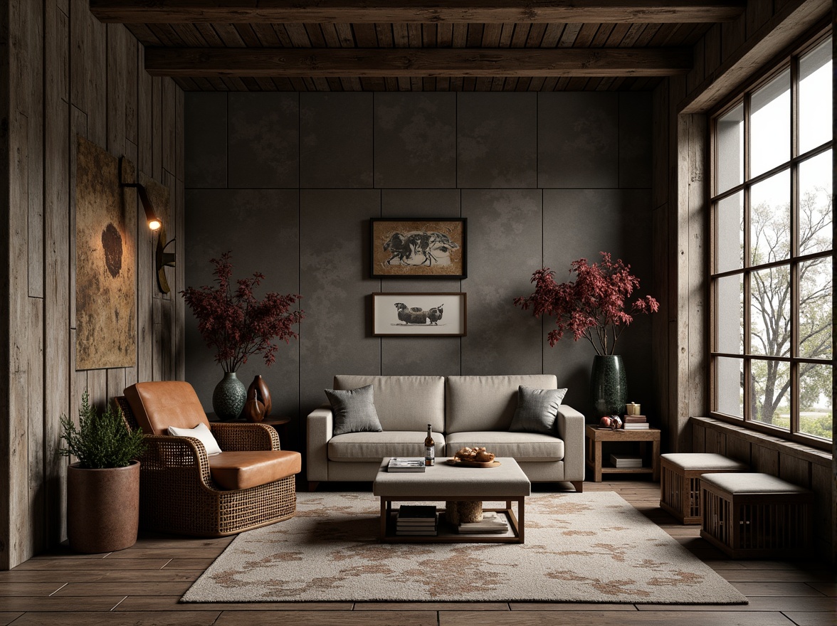 Prompt: Weathered wooden planks, rusty metal accents, rough stone walls, smooth glass surfaces, intricate tile patterns, woven wicker furniture, soft velvet upholstery, distressed denim fabrics, natural fiber rugs, vintage leather accessories, warm candlelight, ambient shadows, realistic reflections, 1/2 composition, shallow depth of field, dramatic contrast, moody atmosphere.