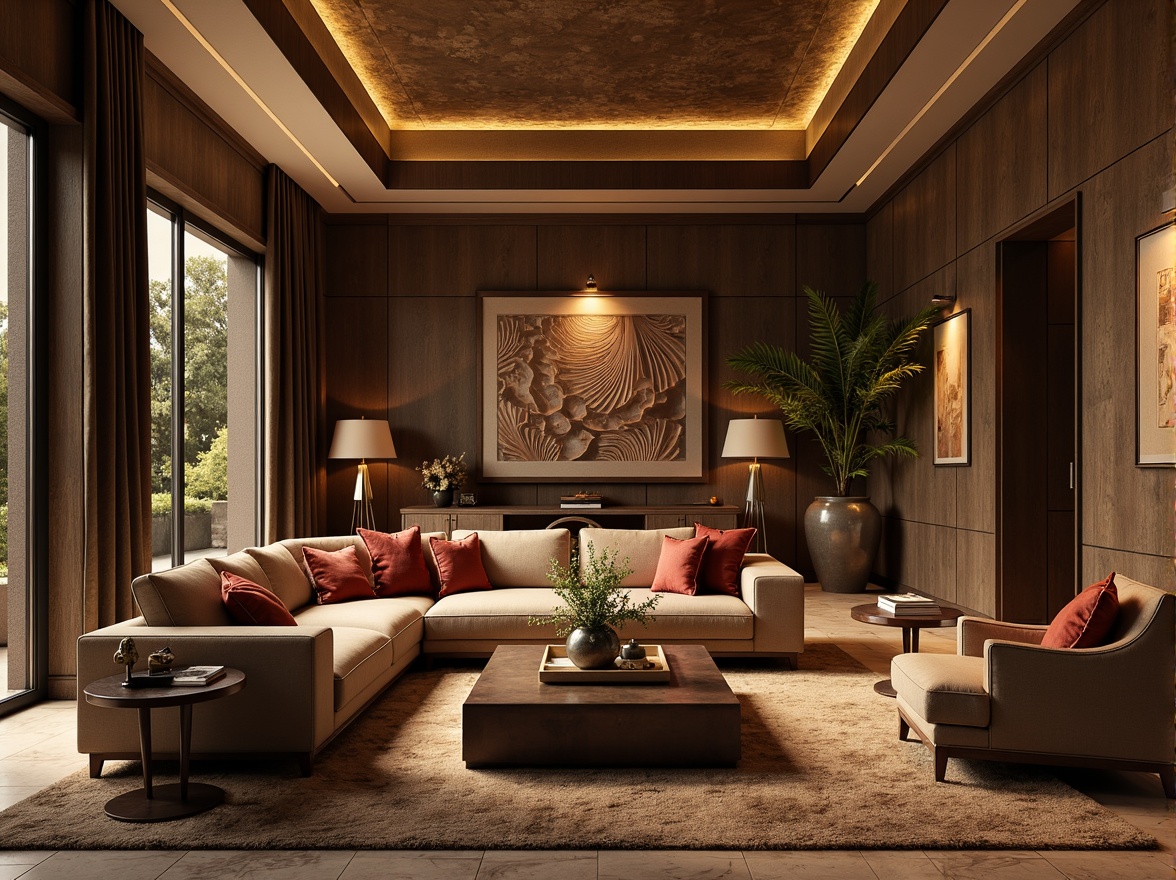 Prompt: Luxurious living room, richly textured walls, velvety soft furnishings, metallic accent tables, ambient warm lighting, natural stone floors, polished wood paneling, earthy color palette, organic shapes, cozy reading nooks, plush area rugs, ornate mirrors, decorative wall art, 3D geometric patterns, realistic material textures, shallow depth of field, 1/1 composition, soft focus effect.