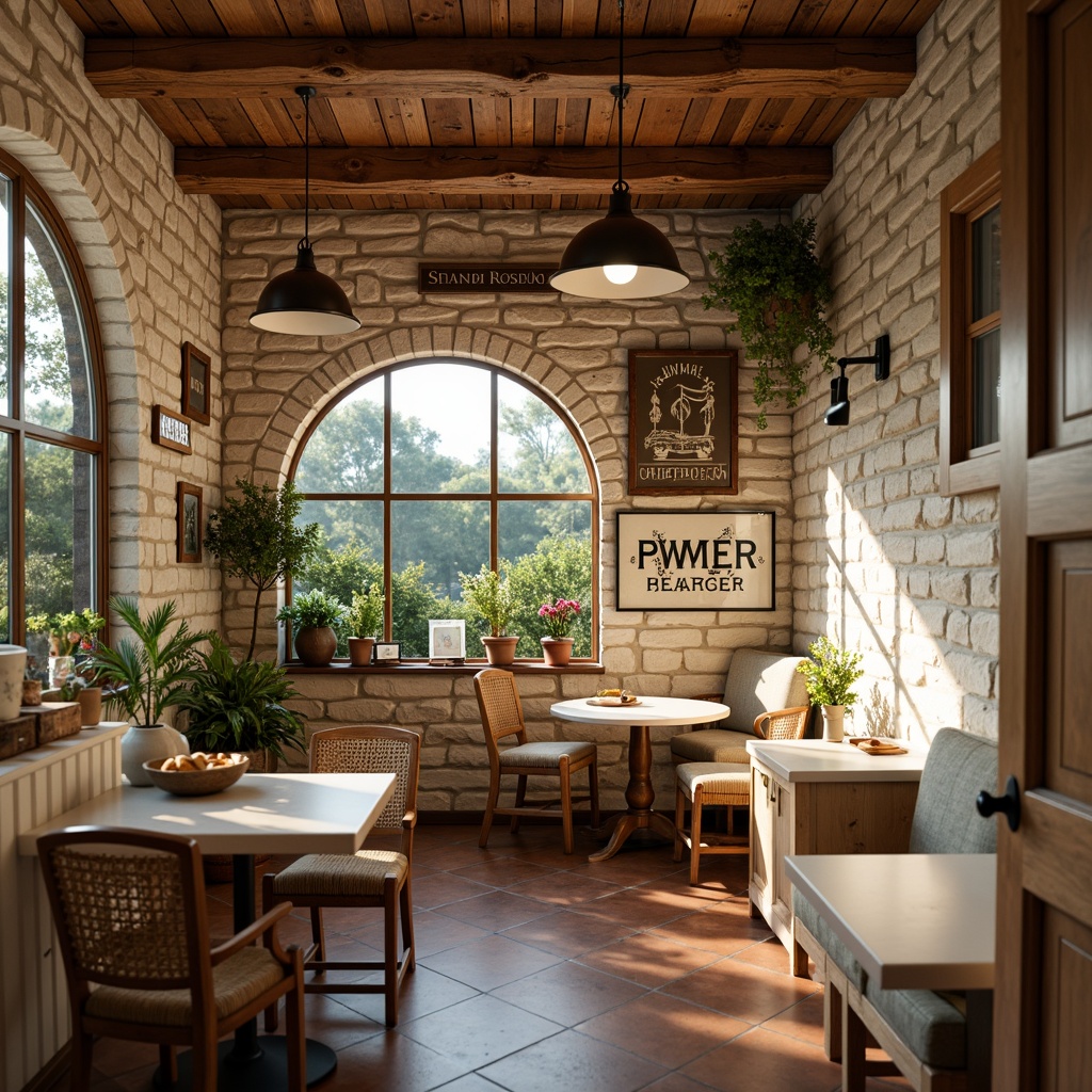 Prompt: Cozy breakfast nook, warm soft lighting, pendant lamps, rustic wooden ceiling, natural stone walls, farmhouse-style decor, vintage metal signs, distressed wood furniture, woven wicker chairs, creamy white countertops, earthy tone ceramic tiles, lush greenery, morning sunlight, gentle shadows, 1/1 composition, intimate atmosphere, realistic textures.