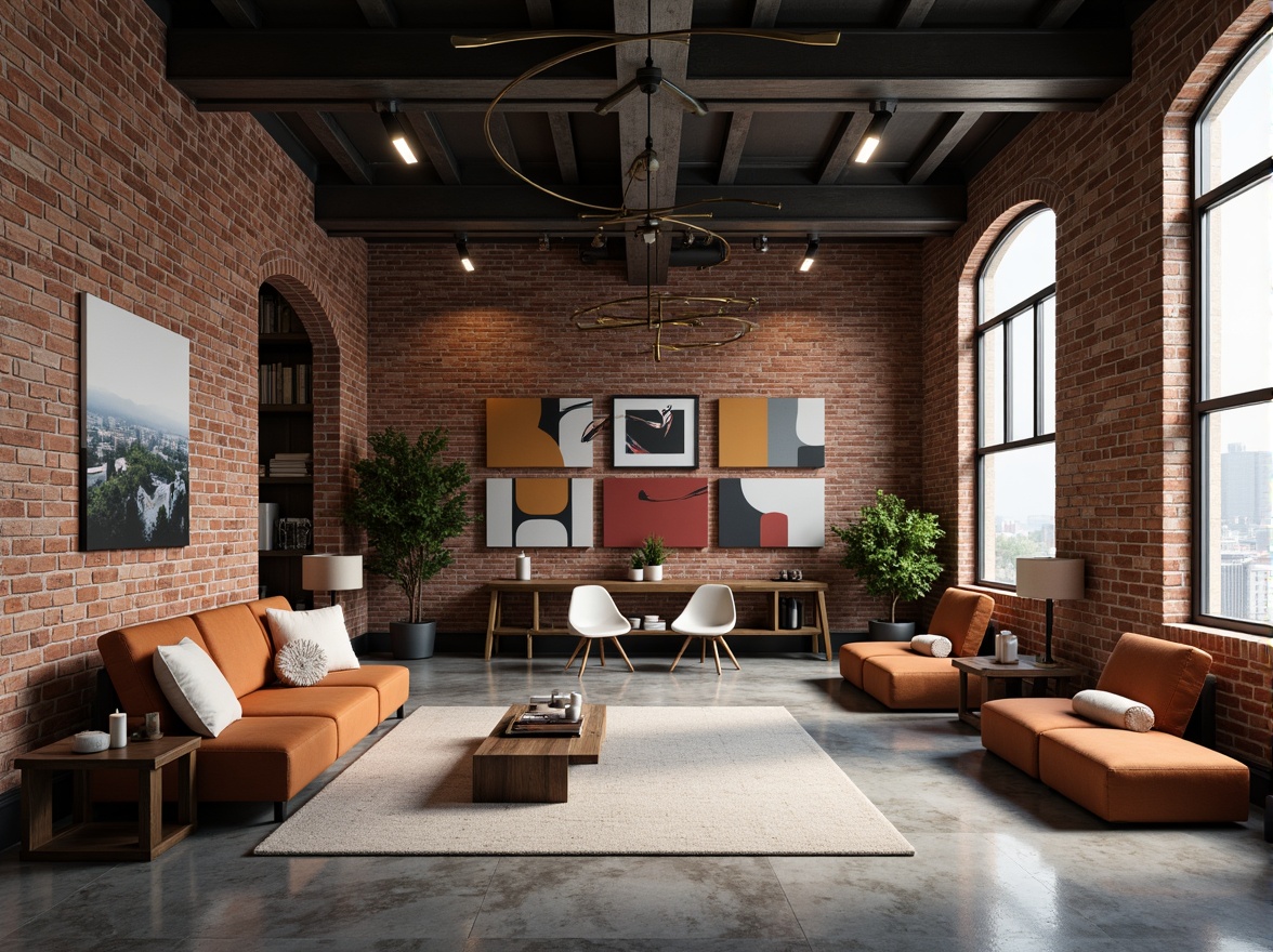 Prompt: Industrial-chic interior, exposed brick walls, polished concrete floors, minimalist furniture, geometric-shaped decorations, metallic accents, avant-garde lighting fixtures, futuristic pendant lamps, sleek floor lamps, bold color schemes, abstract artwork, functional decor, emphasis on simplicity, clean lines, rectangular shapes, modernist vibe, high ceilings, large windows, natural light pouring in, dramatic shadows, 1/1 composition, low-key lighting, realistic textures, ambient occlusion.