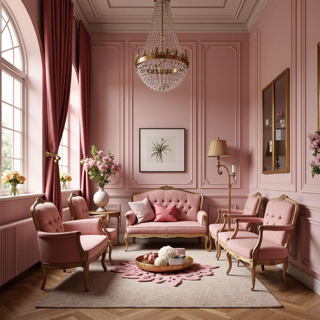 Prompt: Elegant rose-hued walls, soft pink furniture, velvet drapes, ornate gold accents, luxurious fabrics, subtle sheen finishes, warm beige floors, classic French doors, crystal chandeliers, delicate florals, whimsical patterns, romantic ambiance, inviting atmosphere, softbox lighting, 1/1 composition, shallow depth of field, realistic textures, ambient occlusion.