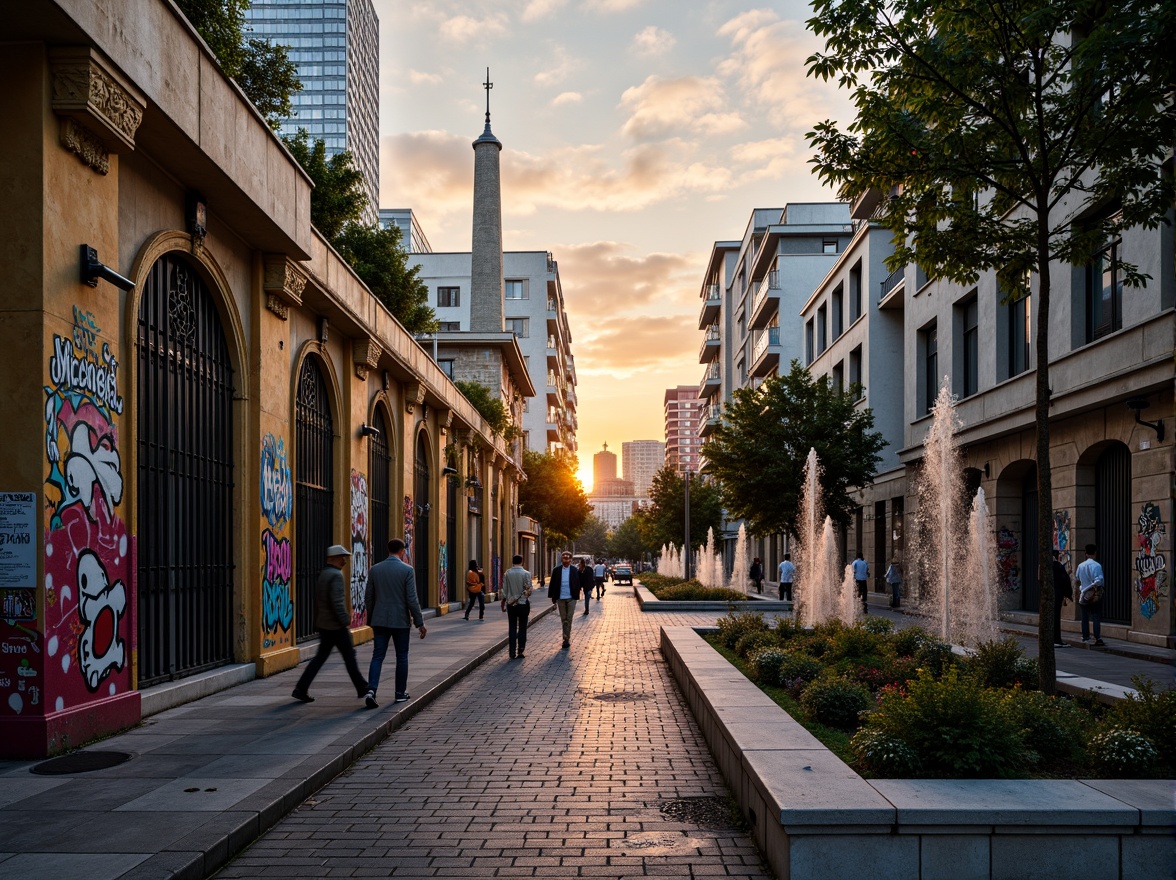 Prompt: Vibrant cityscape, bustling streets, eclectic street art, bold graffiti, ornate architectural details, intricate ironwork, grand archways, ornamental fountains, lush green roofs, dynamic lighting effects, warm golden hour, shallow depth of field, 1/3 composition, asymmetrical framing, high contrast ratio, rich textures, atmospheric fog.