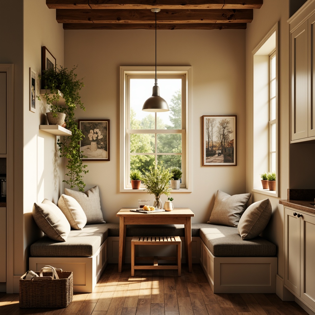 Prompt: Cozy breakfast nook, warm and inviting atmosphere, soft golden lighting, pendant lights, rustic metal fixtures, farmhouse-style decor, natural wood tones, creamy white cabinets, earthy color palette, comfortable seating, plush cushions, woven baskets, greenery, sunny morning light, gentle shadows, subtle texture details, shallow depth of field, 1/2 composition, realistic rendering.