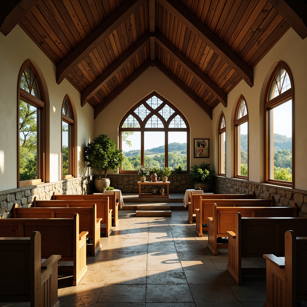 Prompt: Rustic chapel, wooden accents, stone foundations, textured walls, vintage doors, stained glass windows, natural light pouring in, earthy tones, cozy atmosphere, rural landscape, rolling hills, green pastures, wildflowers, sunny day, warm soft lighting, shallow depth of field, 3/4 composition, symmetrical architecture, traditional rooflines, wooden pews, ornate altarpieces, devotional statues, peaceful ambiance.