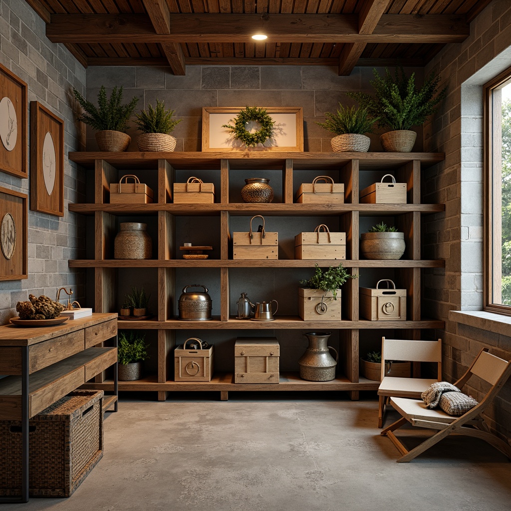 Prompt: Rustic storage room, reclaimed wood shelving units, distressed metal frames, vintage industrial decor, earthy tone color palette, wooden crates, woven baskets, antique artifacts, exposed brick walls, concrete floors, soft warm lighting, shallow depth of field, 1/2 composition, realistic textures, ambient occlusion, cozy atmosphere, natural fabrics, woven textiles, earthy scent, rustic charm.