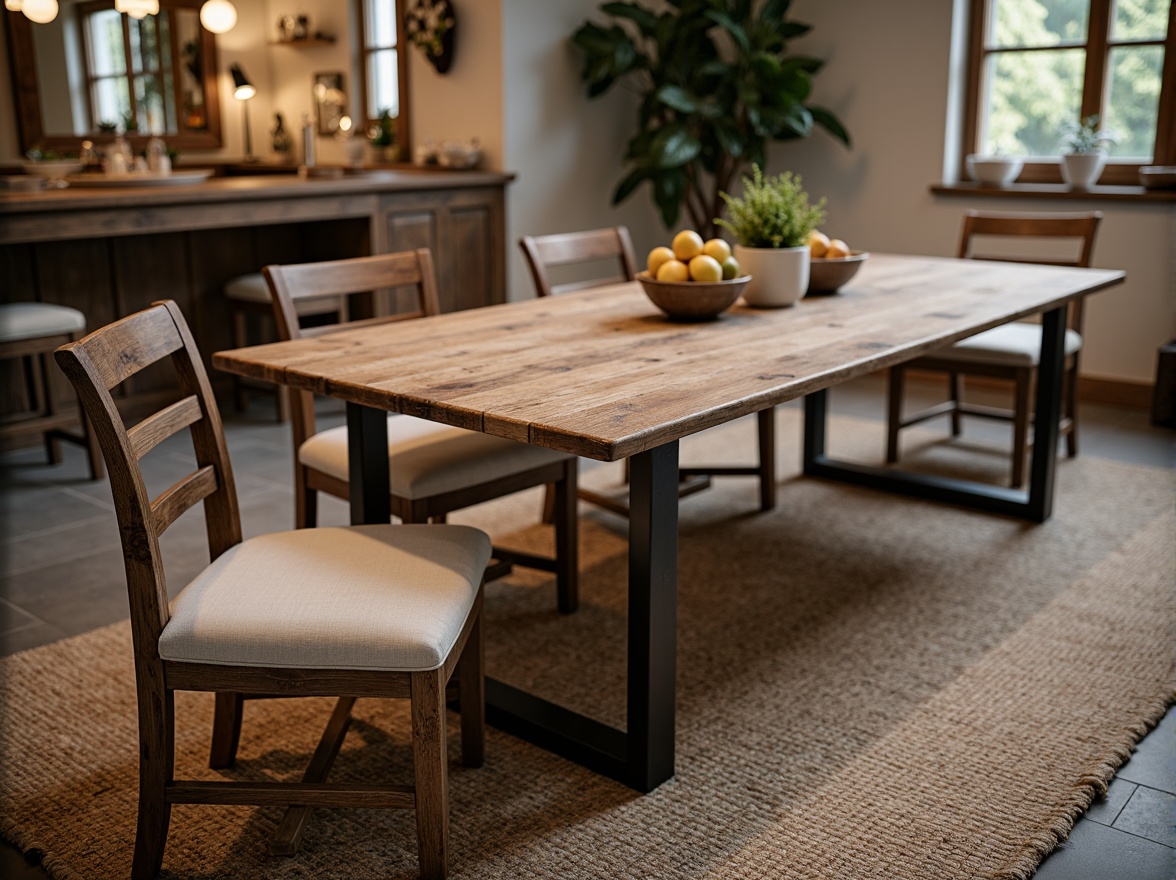 Prompt: Rustic wooden farmhouse table, distressed finishes, vintage metal legs, reclaimed wood planks, natural stone flooring, earthy tone color scheme, pendant lighting fixtures, linen upholstery, woven jute rug, potted greenery, wooden ladderback chairs, soft warm lighting, shallow depth of field, 1/2 composition, realistic textures, ambient occlusion.