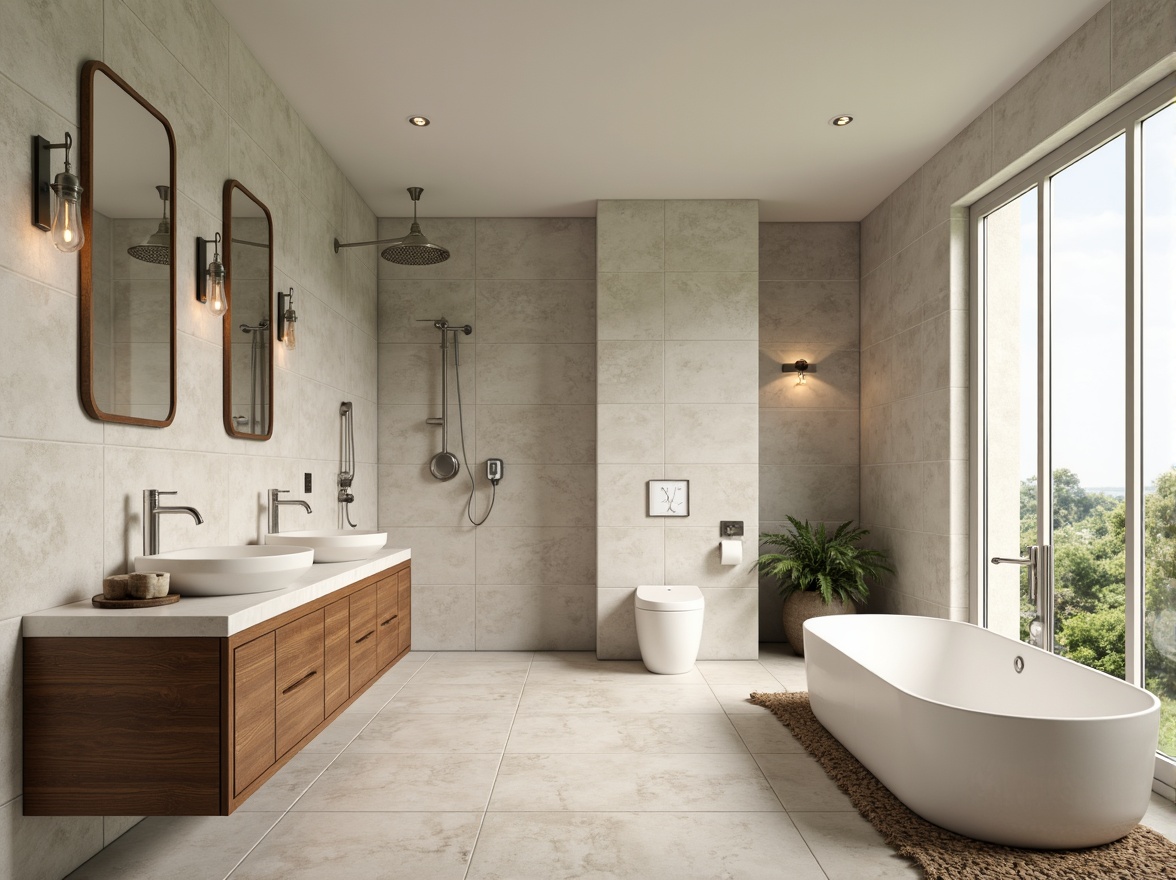 Prompt: Mid-century modern bathroom, retro-inspired fixtures, sleek chrome faucets, geometric-shaped sinks, wall-mounted toilets, minimalist shower heads, rainfall showerheads, freestanding tubs, honed marble countertops, warm wood cabinetry, decorative lighting sconces, soft pastel color palette, large format tiles, natural stone flooring, floor-to-ceiling windows, abundant natural light, shallow depth of field, 1/1 composition, panoramic view, realistic textures, ambient occlusion.