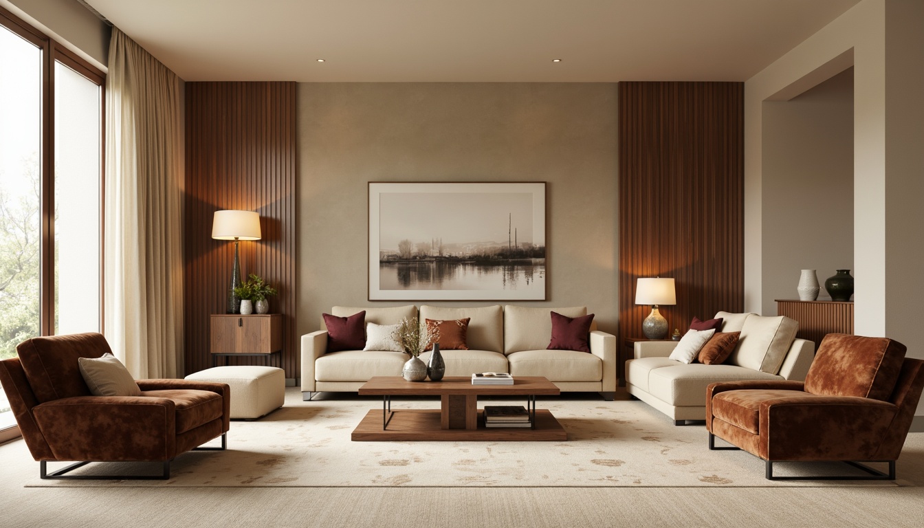 Prompt: Elegant living room, plush velvet sofas, reclining armchairs, wooden coffee tables, decorative vases, floor lamps, soft cream carpets, warm beige walls, modern minimalist decor, sleek metallic frames, comfortable cushioning, ergonomic design, natural wood textures, subtle patterns, earthy color palette, cozy atmosphere, intimate ambiance, softbox lighting, shallow depth of field, 1/1 composition, realistic renderings.