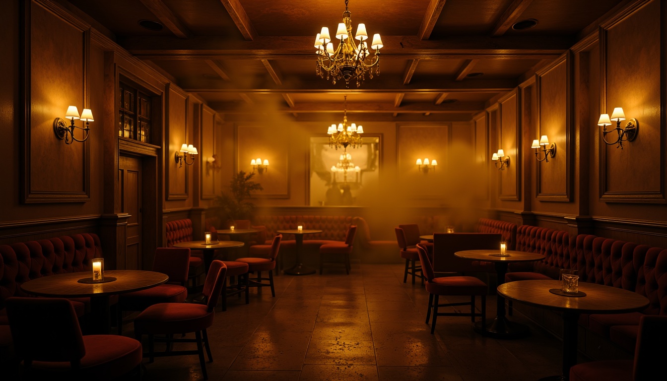 Prompt: Dimly lit lounge, warm golden lighting, cozy atmosphere, plush velvet furniture, rich wood accents, ornate metal fixtures, soft glowing candles, subtle shadows, intimate setting, dramatic ceiling height, luxurious textures, moody color palette, atmospheric fog effect, cinematic spotlighting, low-key illumination, mysterious ambiance, sensual vibes, sophisticated decor.