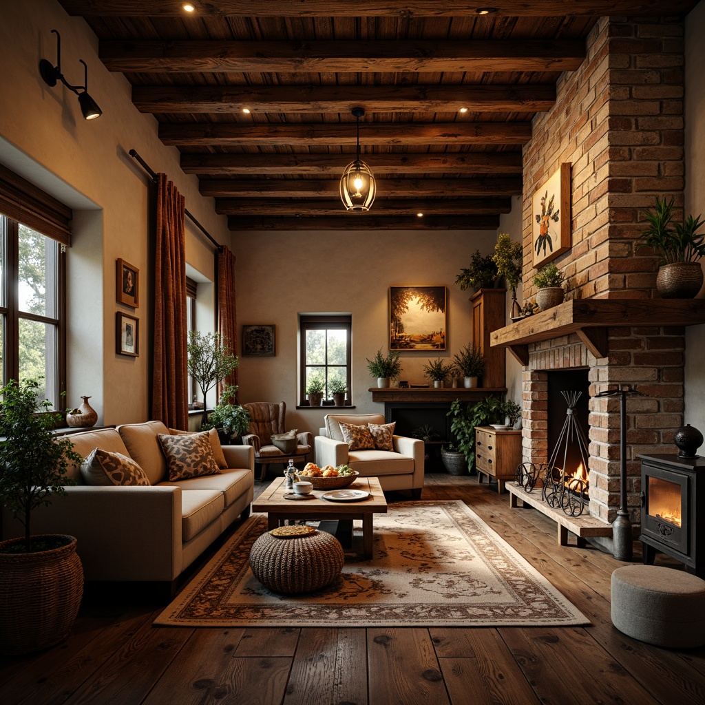 Prompt: Rustic wooden beams, distressed finishes, vintage decorative items, earthy color palette, warm candlelight, softbox lighting, industrial metal fixtures, exposed brick walls, natural stone flooring, cozy fireplaces, plush textiles, woven baskets, antique furniture pieces, warm ambient glow, shallow depth of field, 1/1 composition, realistic textures, atmospheric lighting.