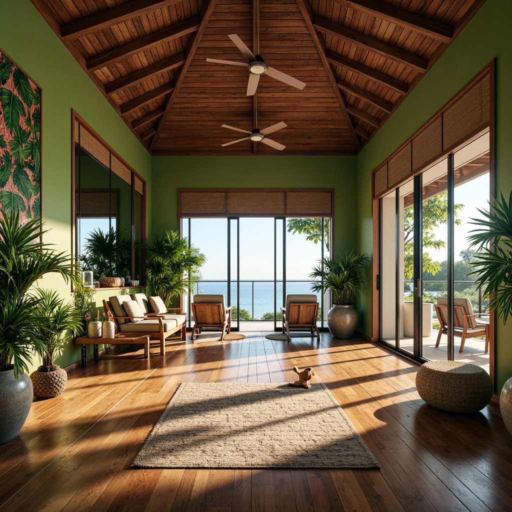 Prompt: Tropical style home gym, reclaimed wood flooring, exotic hardwood accents, natural fiber rugs, vibrant green walls, palm tree-inspired decorative elements, modern fitness equipment, floor-to-ceiling windows, ocean views, sunny day, soft warm lighting, 1/1 composition, realistic textures, ambient occlusion.