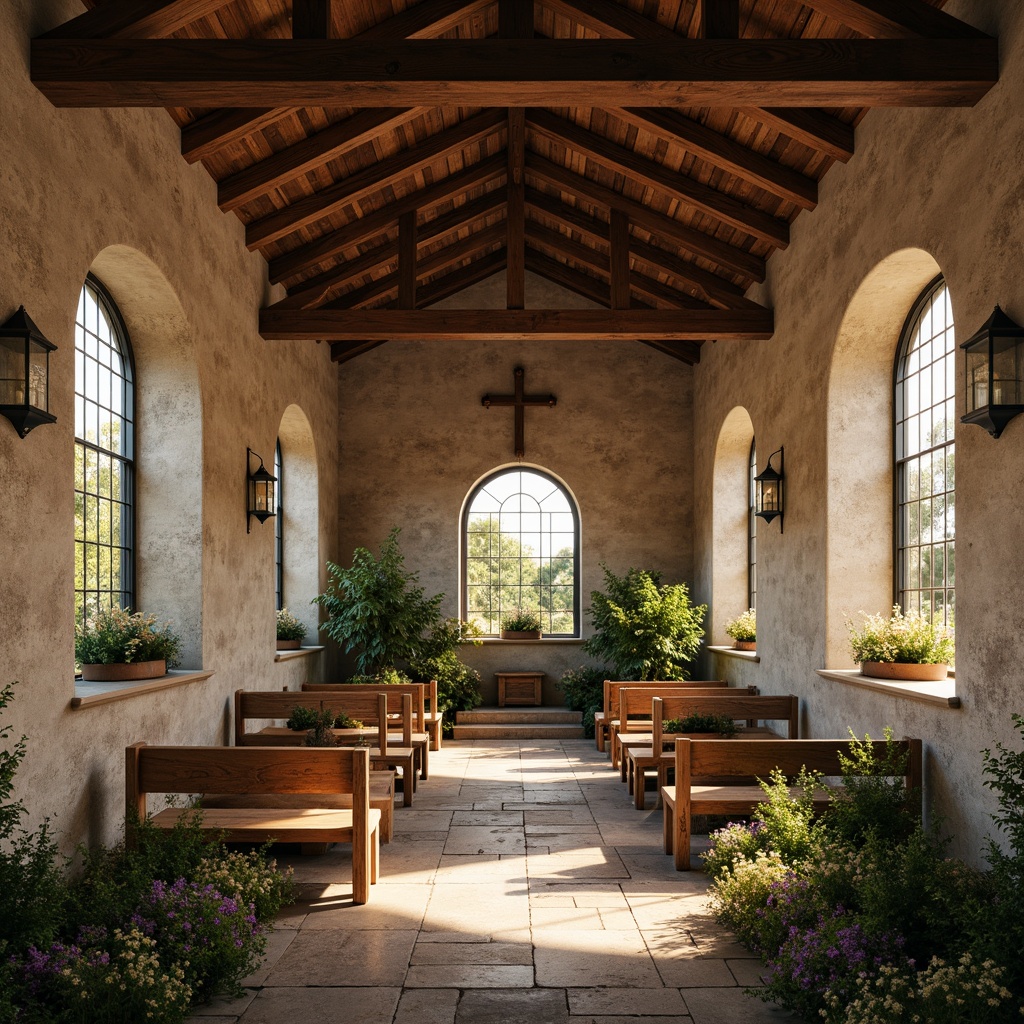 Prompt: Rustic chapel, wooden cross, stone foundations, weathered brick walls, textured stucco finishes, earthy color palette, natural light pouring through stained glass windows, vintage pews, distressed wood accents, farmhouse-inspired lanterns, soft warm lighting, shallow depth of field, 1/1 composition, symmetrical architecture, peaceful rural surroundings, lush greenery, blooming wildflowers, sunny day, realistic textures, ambient occlusion.