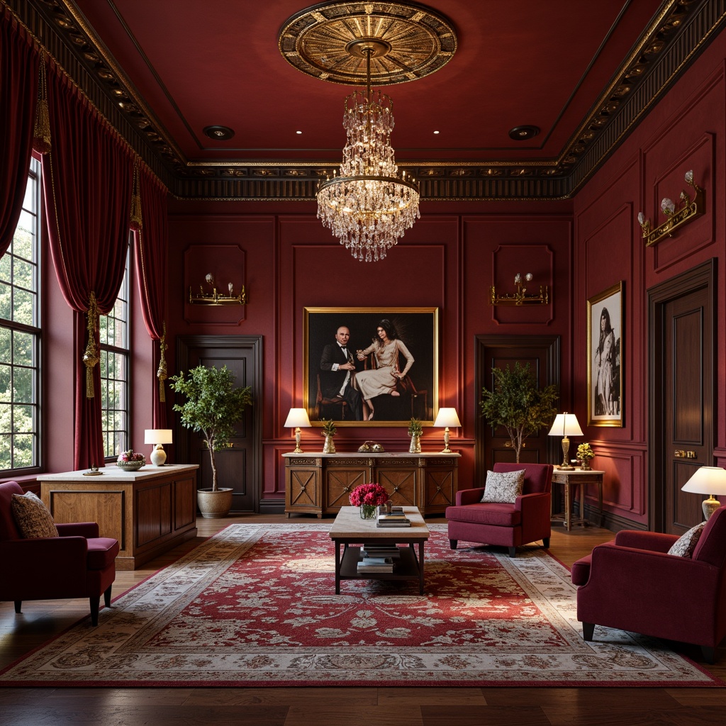 Prompt: Rich burgundy walls, luxurious velvet fabrics, dark wood furniture, ornate golden accents, lavish crystal chandeliers, sophisticated floor lamps, plush area rugs, elegant crown molding, warm beige marble countertops, opulent drapery, soft warm lighting, shallow depth of field, 1/1 composition, realistic textures, ambient occlusion.