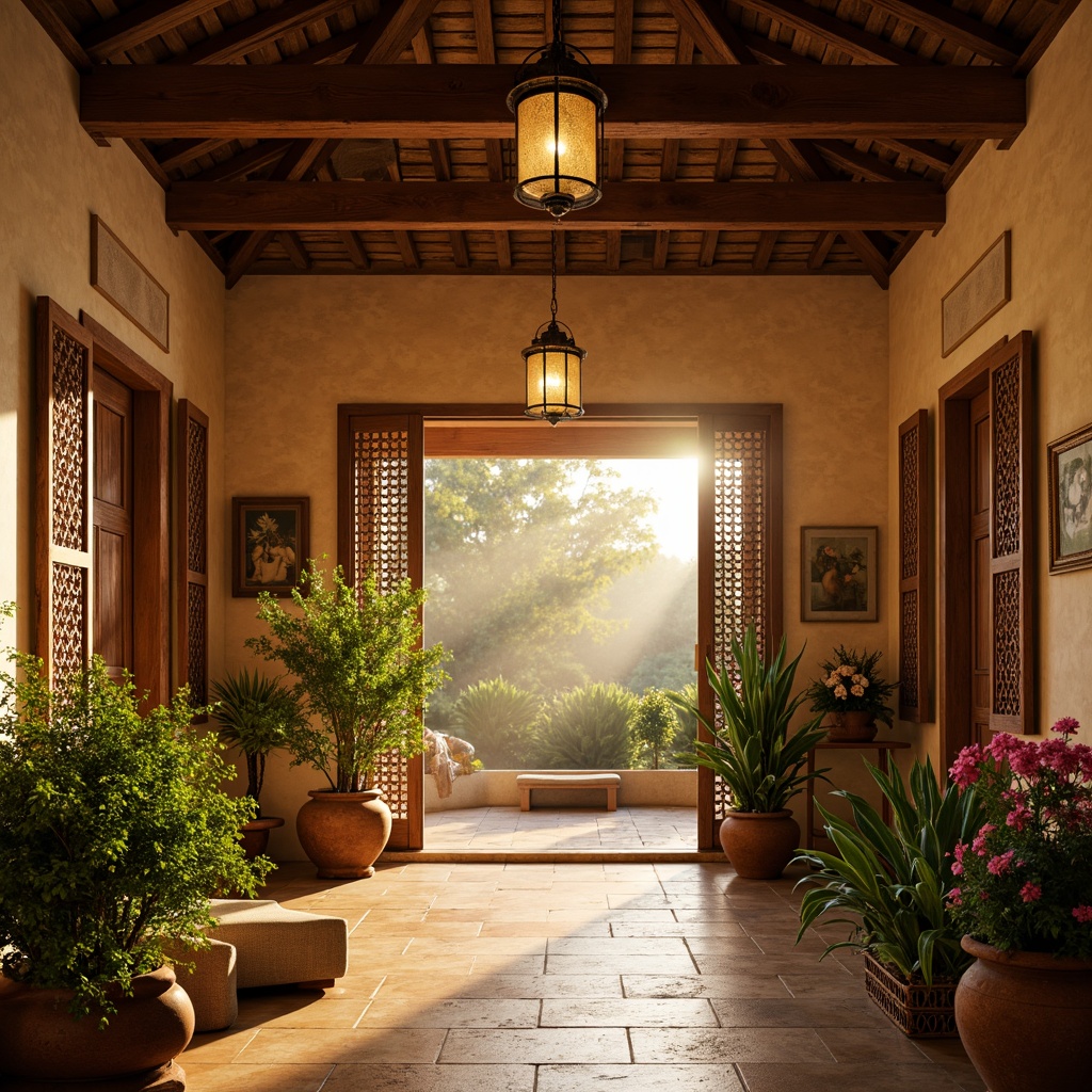 Prompt: Tropical monastery interior, warm golden lighting, ornate metal lanterns, rustic wooden fixtures, natural linen shades, earthy terracotta pots, lush greenery, vibrant flowers, soft misty atmosphere, warm beige stone walls, intricately carved wooden accents, ornate metallic details, candlelit ambiance, warm sunset hues, shallow depth of field, 1/1 composition, realistic textures, ambient occlusion.