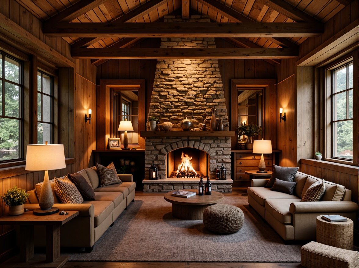 Prompt: Cozy rustic lodge, warm fireplace, wooden beam ceiling, earthy tones, natural stone walls, vintage metal lanterns, candlelit ambiance, soft warm glow, table lamps, floor lamps, pendant lights, dimmable lighting, layered lighting effect, warm color temperature, comfortable seating areas, plush throw blankets, natural textiles, reclaimed wood accents, rich leathers, woven baskets, earthy scents, crackling fire sounds, relaxed atmosphere, inviting common spaces, rustic-chic decor.