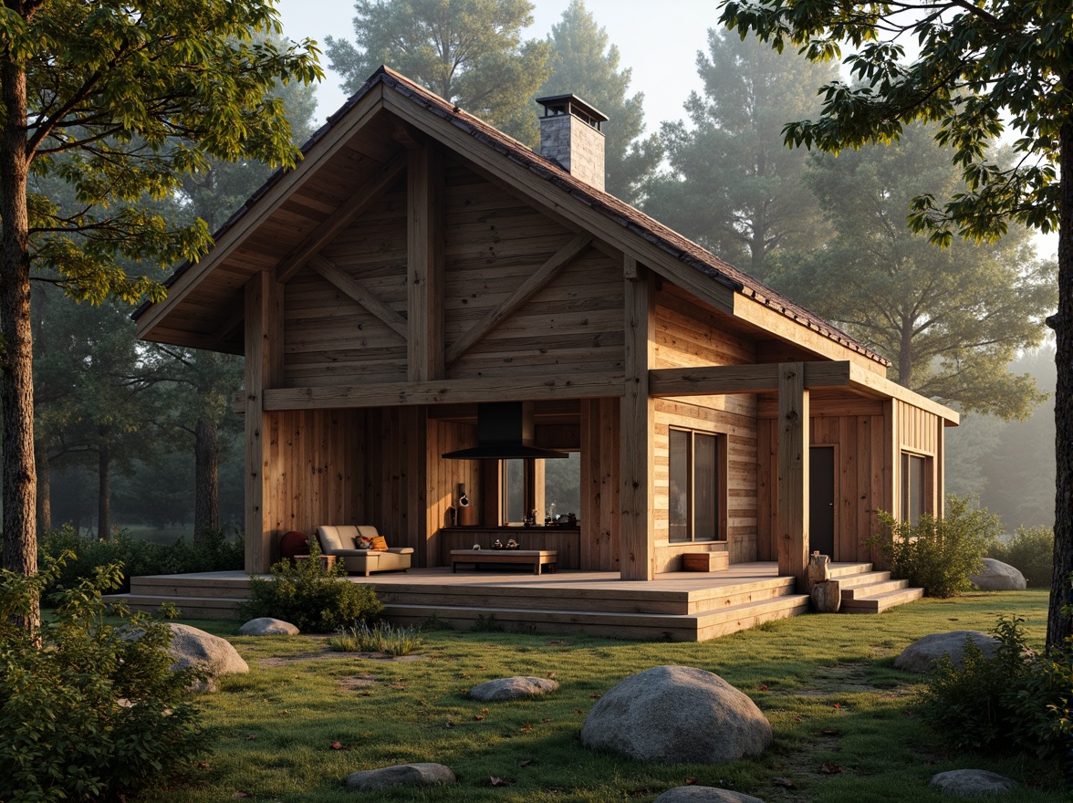 Prompt: Rustic cabin, reclaimed wood accents, natural stone walls, earthy color palette, wooden beams, organic textures, cozy fireplace, plush greenery, surrounding forest, misty morning, warm soft lighting, shallow depth of field, 1/1 composition, realistic rendering, ambient occlusion.