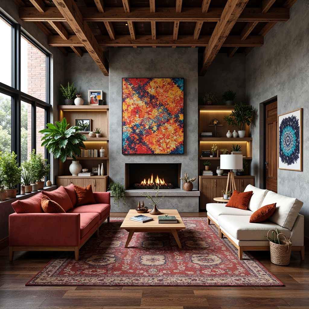 Prompt: Richly patterned rugs, plush velvet sofas, reclaimed wood accents, industrial metal beams, exposed brick walls, soft warm lighting, cozy reading nooks, vibrant colorful artwork, eclectic decorative objects, natural stone fireplaces, woven basket chairs, earthy tone color palette, organic shapes, modern minimalist coffee tables, lush greenery, floor-to-ceiling windows, airy open spaces, 1/2 composition, realistic textures, ambient occlusion.