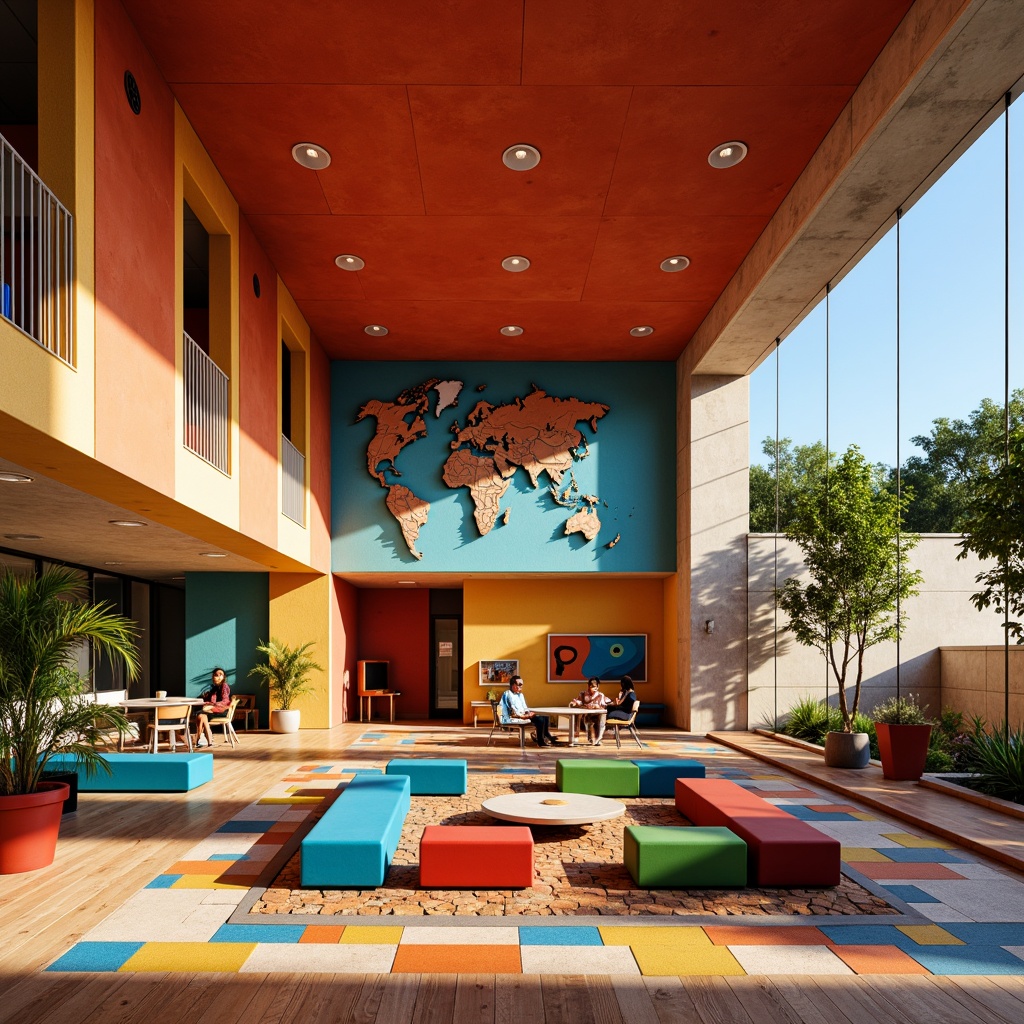 Prompt: Vibrant community center, expressionist architecture, bold color schemes, geometric patterns, irregular shapes, textured concrete walls, polished wooden floors, colorful ceramic tiles, abstract mosaics, eclectic furniture pieces, natural light pouring in, dramatic shadows, 1/1 composition, low-angle shot, warm soft lighting, ambient occlusion.