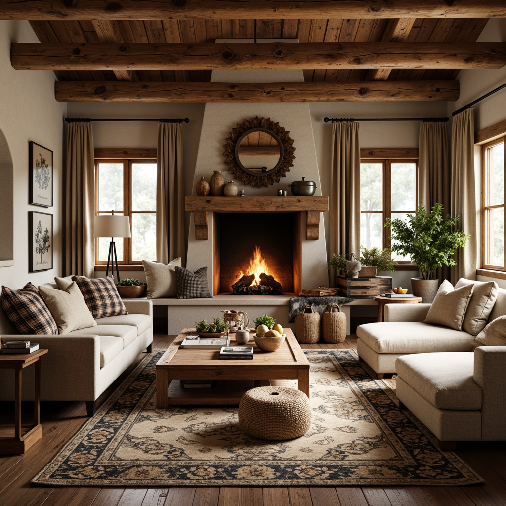 Prompt: Cozy cabin, wooden accents, natural fabrics, earthy tones, woven baskets, plaid patterns, vintage rugs, distressed wood furniture, stone fireplaces, soft warm lighting, rustic metal decor, earthy color palette, linen upholstery, jute carpets, burlap drapes, natural fibers, organic textures, nature-inspired motifs, warm beige colors, inviting atmosphere.