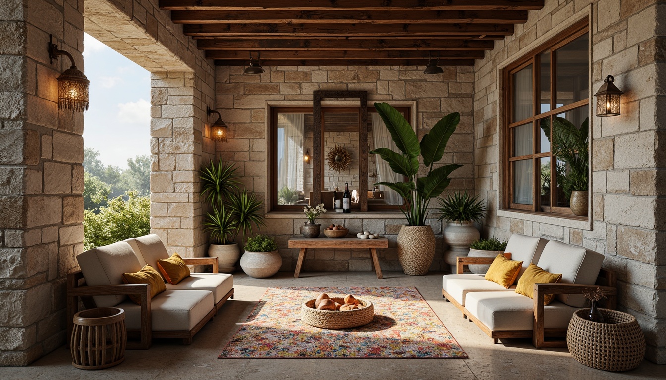 Prompt: Rustic stone walls, weathered wooden accents, distressed metal panels, rough-hewn brick surfaces, tactile concrete finishes, intricate mosaic patterns, vibrant colorful ceramics, natural fiber textiles, woven wicker furniture, organic shapes, earthy tones, warm ambient lighting, shallow depth of field, 1/1 composition, realistic reflections.