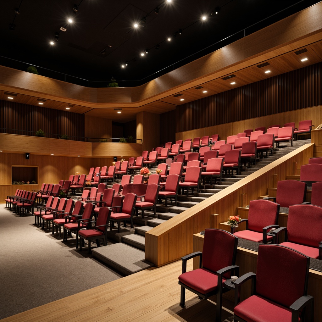 Prompt: Modern auditorium interior, sleek contemporary design, curved rows of seating, ergonomic chairs, vibrant colored upholstery, metal frames, adjustable armrests, built-in cup holders, tiered platforms, stepped flooring, polished wood accents, indirect warm lighting, soft shadows, 3/4 composition, shallow depth of field, realistic textures, ambient occlusion.