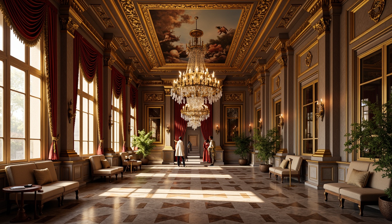 Prompt: Ornate golden frames, intricately carved wooden panels, luxurious velvet fabrics, richly patterned tapestries, gilded ornamental details, grandiose crystal chandeliers, opulent marble floors, lavish fresco ceilings, majestic stone columns, warm softbox lighting, cinematic depth of field, 1/1 composition, highly detailed textures, ambient occlusion.