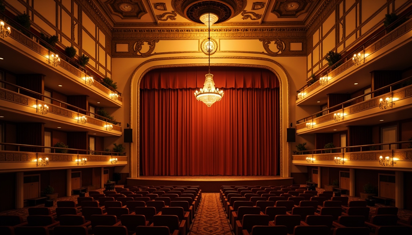 Prompt: Warm golden lighting, soft spotlight, subtle shadows, ornate chandeliers, red velvet curtains, gilded frames, classic proscenium arch, rich wood tones, plush auditorium seating, dramatic high contrast, warm color temperature, sidelight accents, backlights for depth, three-quarter view, symmetrical composition, realistic textures, ambient occlusion.