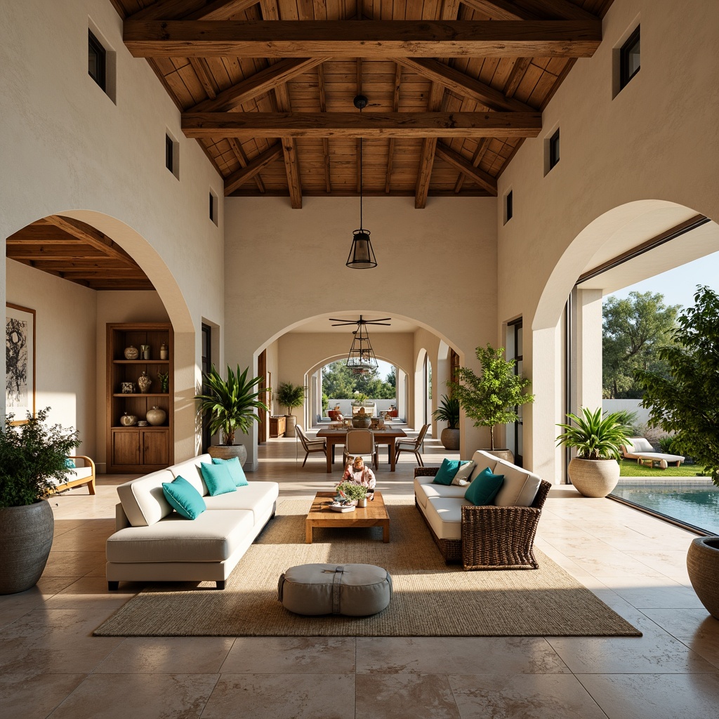 Prompt: Spacious great room, Mediterranean style, open floor plan, high ceilings, large windows, sliding glass doors, natural stone floors, warm beige walls, rustic wooden beams, elegant archways, comfortable plush furniture, vibrant turquoise accents, lush greenery, potted plants, cozy reading nooks, soft warm lighting, shallow depth of field, 3/4 composition, panoramic view, realistic textures, ambient occlusion.