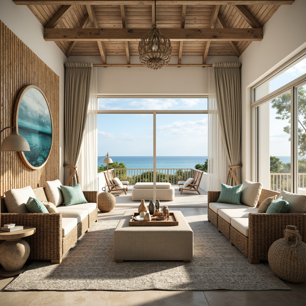 Prompt: Driftwood accents, sea-worn stones, ocean-blue hues, sandy textures, beachy vibes, nautical ropes, distressed wood panels, coral-inspired patterns, shell-adorned decor, fish-scale tiles, sea-glass vases, woven rattan furniture, natural fiber rugs, soft linen fabrics, whitewashed walls, vaulted ceilings, large windows, sliding glass doors, sun-kissed balconies, warm golden lighting, shallow depth of field, 1/1 composition, realistic reflections, ambient occlusion.