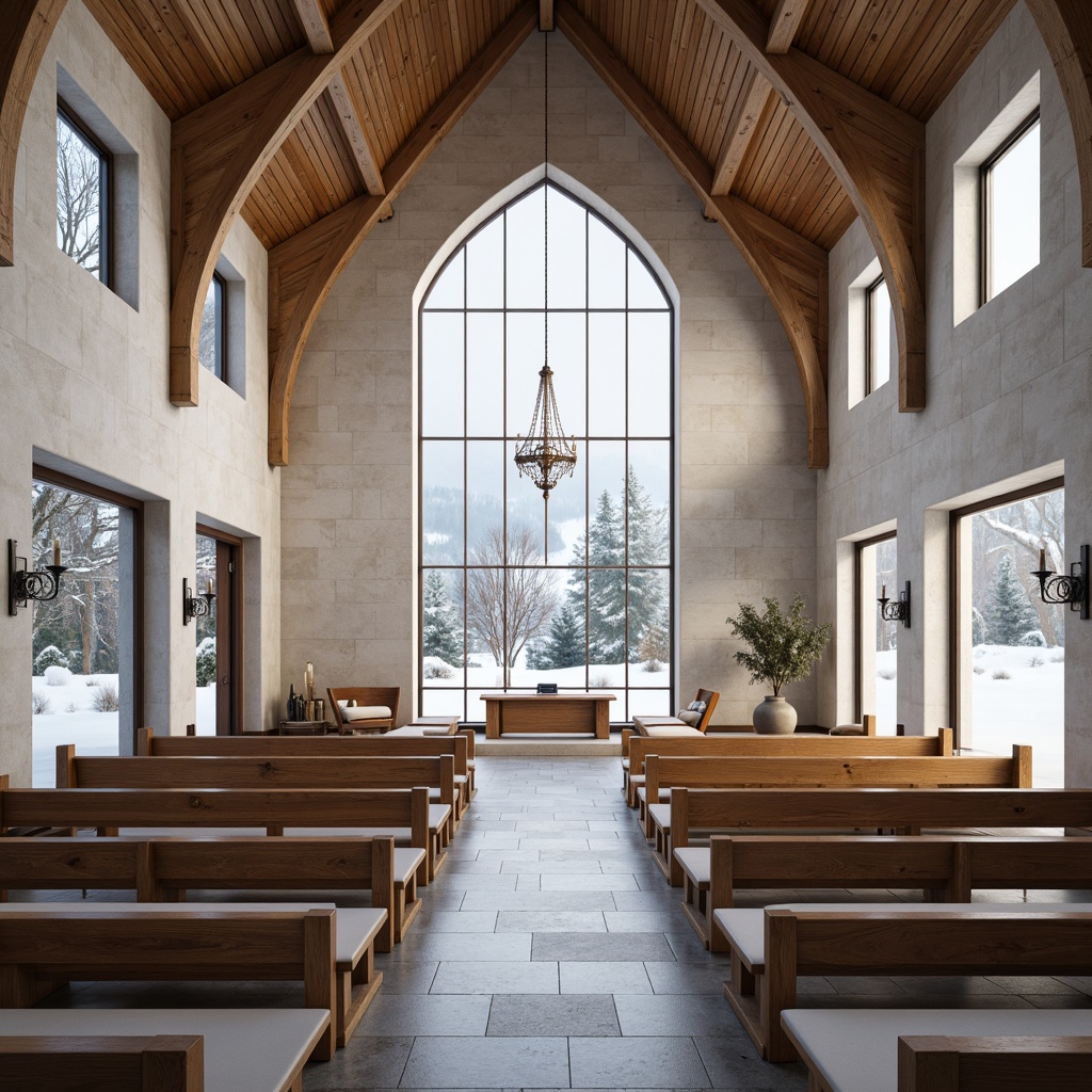 Prompt: Whitewashed stone fa\u00e7ade, Nordic wooden accents, minimalist interior, vaulted ceilings, stained glass windows, soft diffused natural light, warm beige tones, rustic wooden pews, ornate metal chandeliers, subtle candlelight, serene atmosphere, snow-covered rooftops, frozen winter landscapes, overcast skies, gentle morning sunbeams, 1/2 composition, shallow depth of field, realistic textures, ambient occlusion.