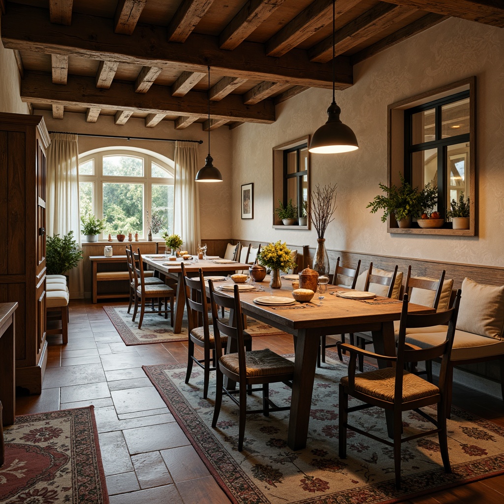 Prompt: Rustic farmhouse dining room, wooden tables, vintage metal chairs, distressed wood benches, natural linen upholstery, woven wicker baskets, antique pendant lights, earthy color palette, rough-hewn wooden beams, stone walls, floral patterned rugs, traditional country decor, warm candlelight, shallow depth of field, 1/1 composition, realistic textures, ambient occlusion.