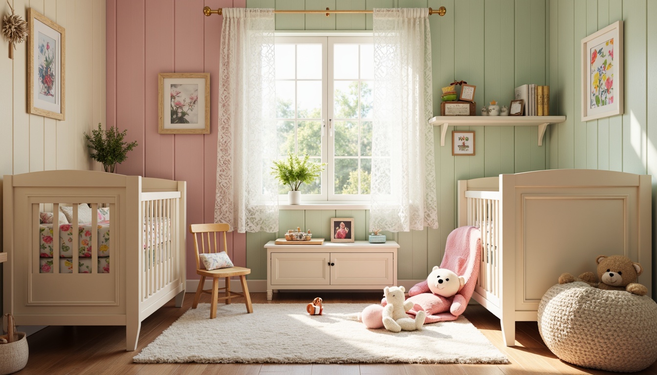 Prompt: Whimsical nursery, soft pastel colors, delicate lace curtains, antique wooden cribs, plush toys, vibrant floral patterns, sweet baby blocks, gentle teddy bears, creamy white furniture, rounded shapes, soothing warm lighting, shallow depth of field, 1/1 composition, intimate atmosphere, subtle textures, ambient occlusion.