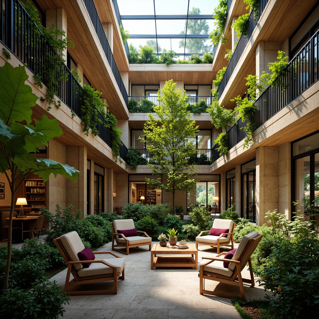 Prompt: Vibrant atrium, lush greenery, natural stone walls, wooden accents, floor-to-ceiling windows, sliding glass doors, clerestory windows, soft warm lighting, diffuse daylight, subtle shadows, ambient illumination, cozy reading nooks, comfortable seating areas, rustic wooden furniture, woven textiles, earthy color palette, serene atmosphere, shallow depth of field, 3/4 composition, realistic textures, ambient occlusion.