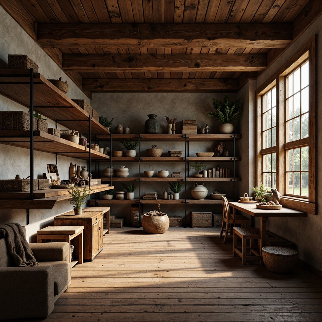 Prompt: Rustic storage room, reclaimed wood shelves, metal brackets, distressed finishes, vintage decor, earthy tones, natural textures, wooden crates, woven baskets, antique furniture, rustic lighting, warm ambient glow, soft shadows, 1/2 composition, shallow depth of field, realistic rendering, detailed normal maps.