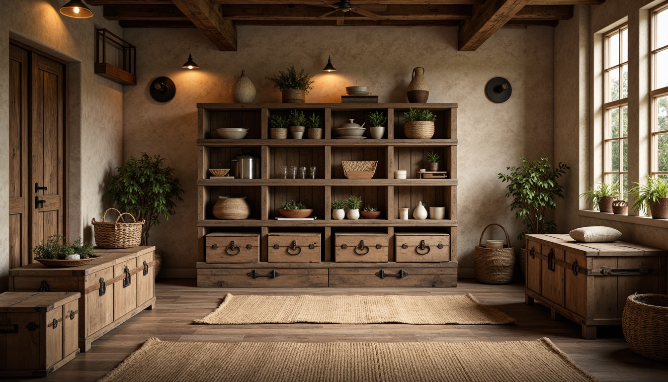 Prompt: Rustic storage room, wooden crates, vintage trunks, distressed finishes, earthy tones, woven baskets, jute rugs, natural fibers, linen fabrics, burlap textures, reclaimed wood accents, metal hardware, industrial lighting, warm beige walls, cozy atmosphere, soft ambient glow, shallow depth of field, 1/2 composition, realistic worn effects.