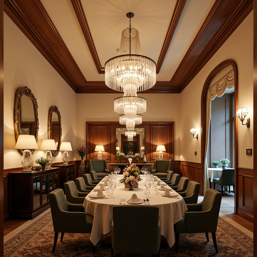 Prompt: Elegant dining room, luxurious chandeliers, modern pendant lights, warm ambient glow, soft candlelight, sophisticated table lamps, rich wood tones, cream-colored walls, plush carpets, ornate mirrors, fine artwork, crystal glassware, lace curtains, natural daylight, subtle shadows, 1/1 composition, shallow depth of field, realistic textures.