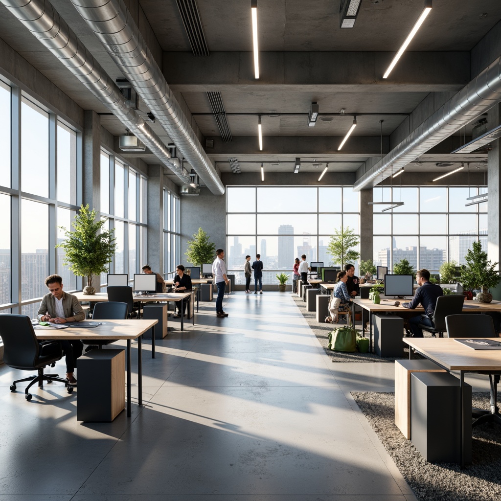 Prompt: Open-plan office space, minimal partitions, collaborative workstations, ergonomic chairs, adjustable desks, ample natural light, floor-to-ceiling windows, sleek metallic accents, polished concrete floors, functional storage units, minimalist decor, optimized traffic flow, 1/1 composition, softbox lighting, subtle shadows, realistic textures, ambient occlusion.