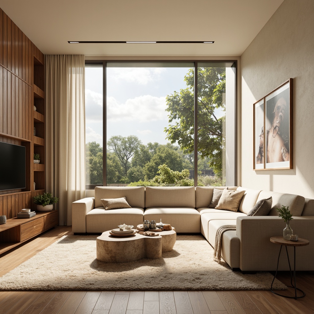 Prompt: Calming living room, soft beige walls, warm cream furniture, rich walnut wood accents, plush area rugs, comfortable velvet sofas, natural stone coffee tables, modern minimalist decor, large windows, abundant sunlight, gentle warm lighting, 1/1 composition, shallow depth of field, realistic textures, ambient occlusion.